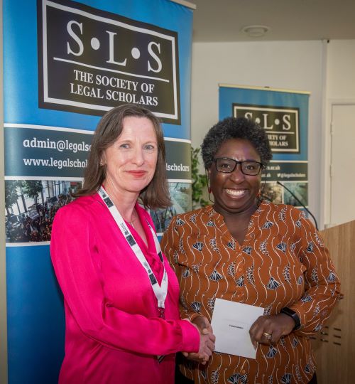 Professor Paula Giliker with winner of the Margaret Brazier Prize for Outstanding Mid-Career Legal Scholarship Professor Foluke Adebisi for her book Decolonisation and Legal Knowledge: Reflections on Power and Possibility, at the 2024 SLS Conference at the University of Bristol Law School.